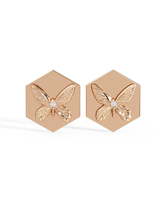 14k Rose Gold Hexagon Butterfly Studs