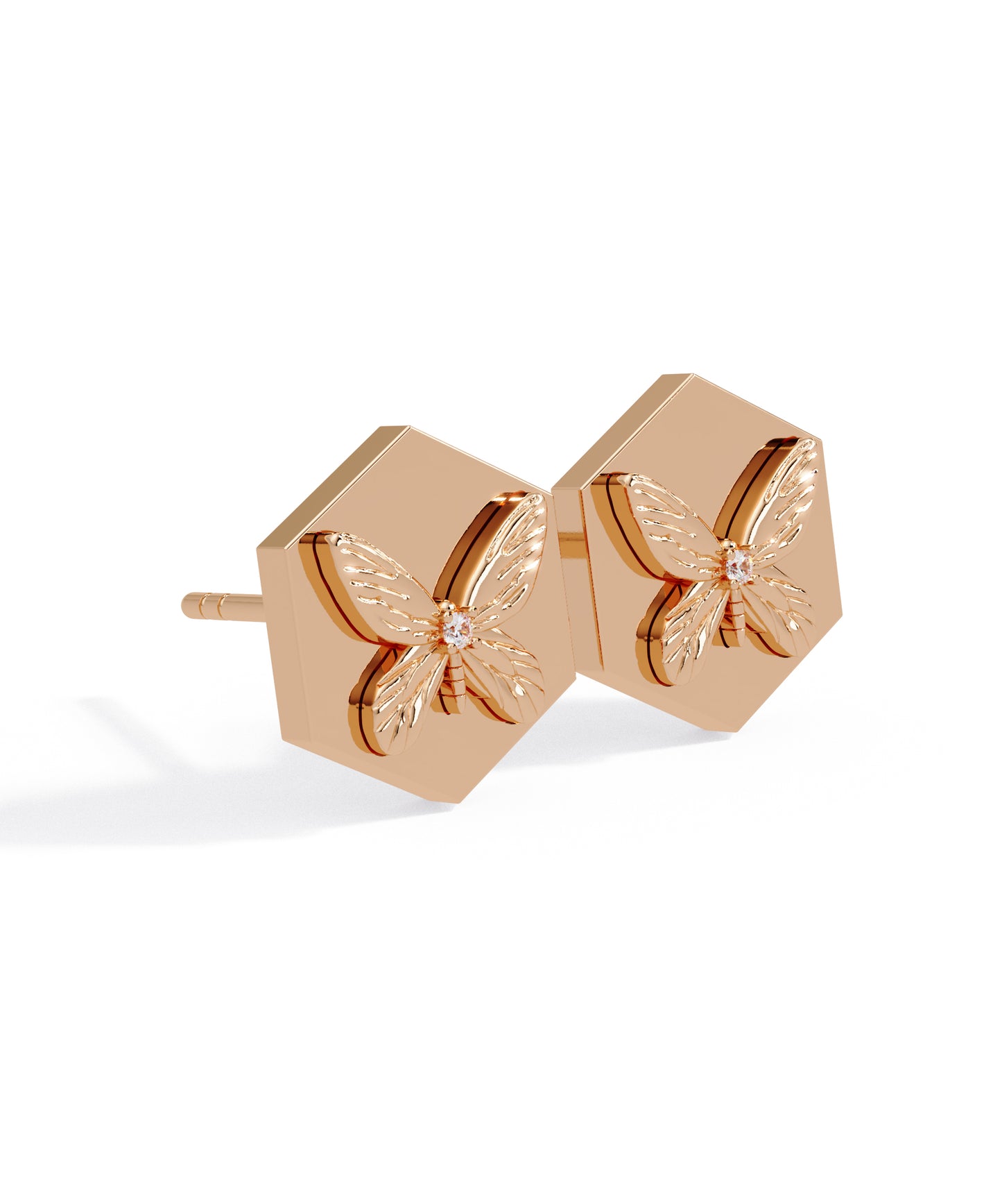 14k Rose Gold Hexagon Butterfly Studs