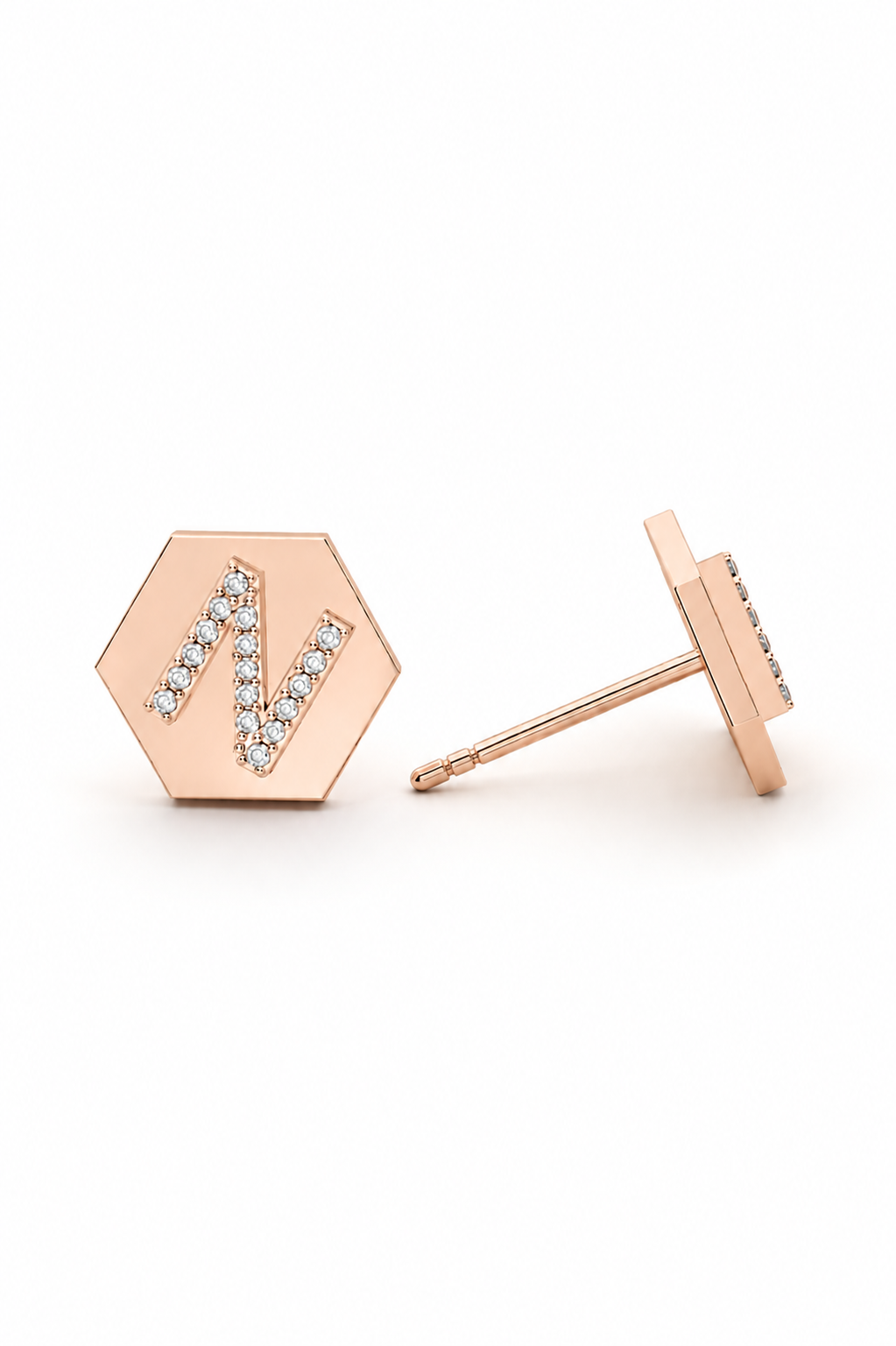 14k gold hexagon initial stud earrings