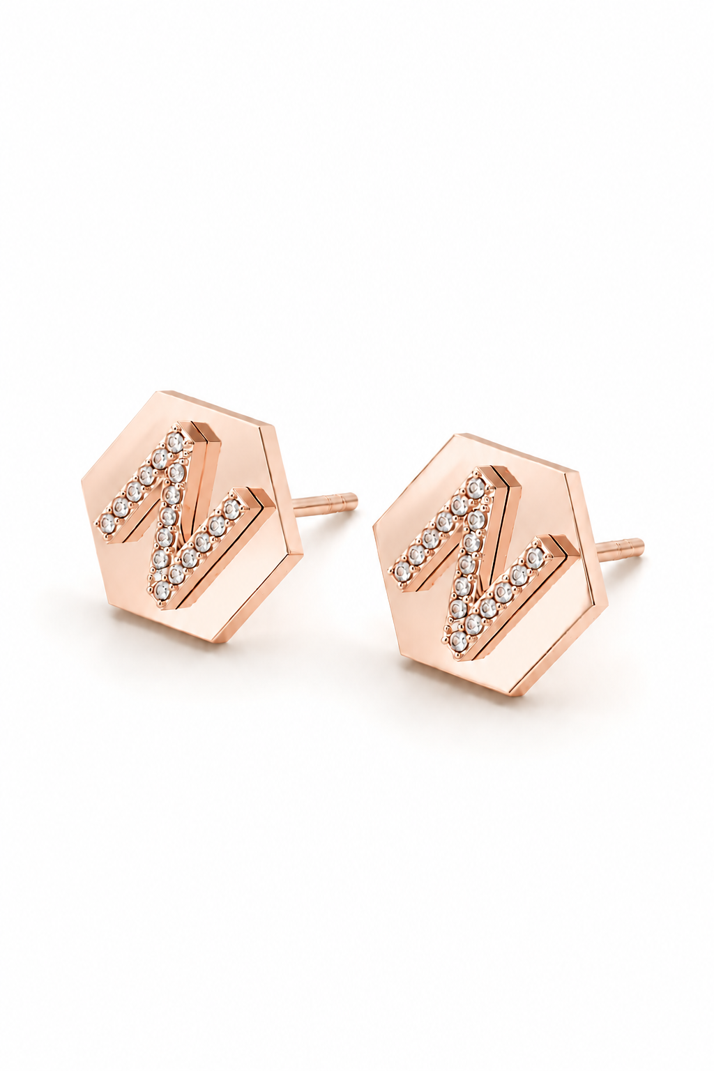 14k gold hexagon initial stud earrings