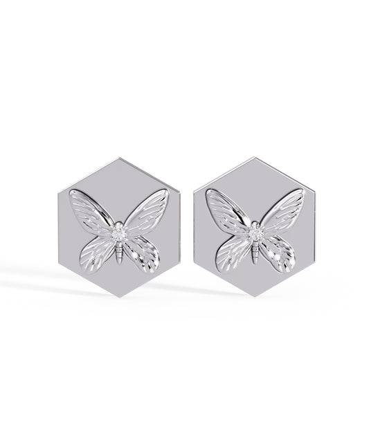 14k White Gold Hexagon Butterfly Studs