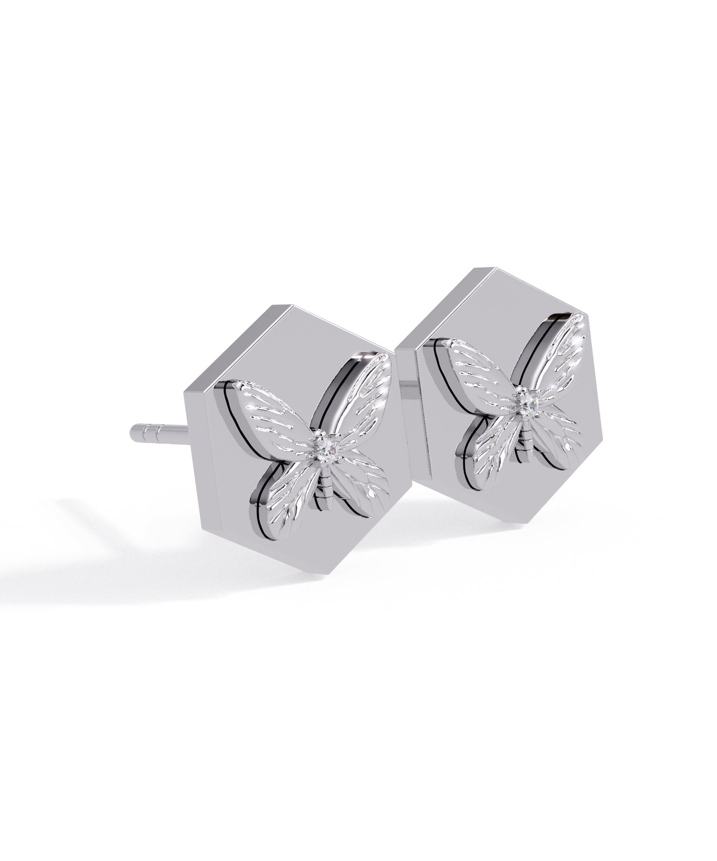 14k White Gold Hexagon Butterfly Studs