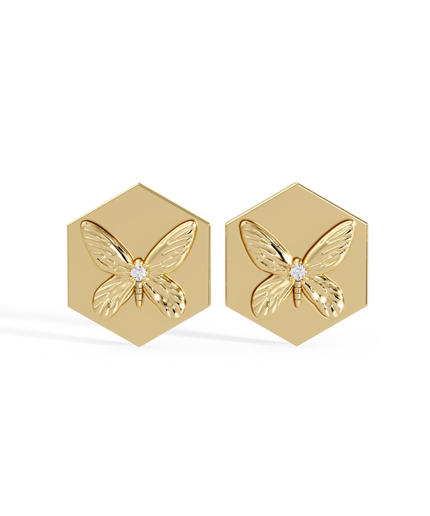 14k Yellow Gold Hexagon Butterfly Studs