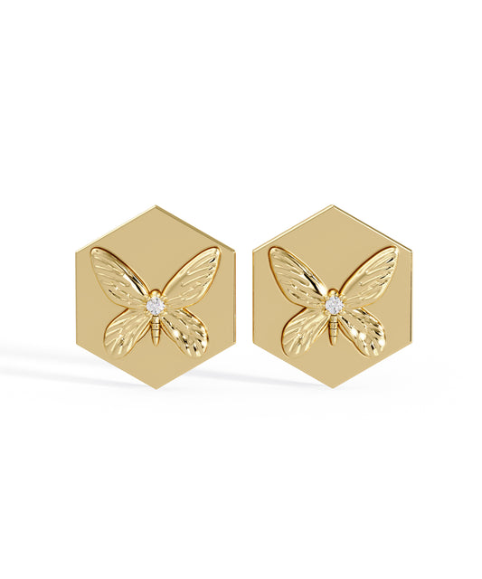 14k Yellow Gold Hexagon Butterfly Studs