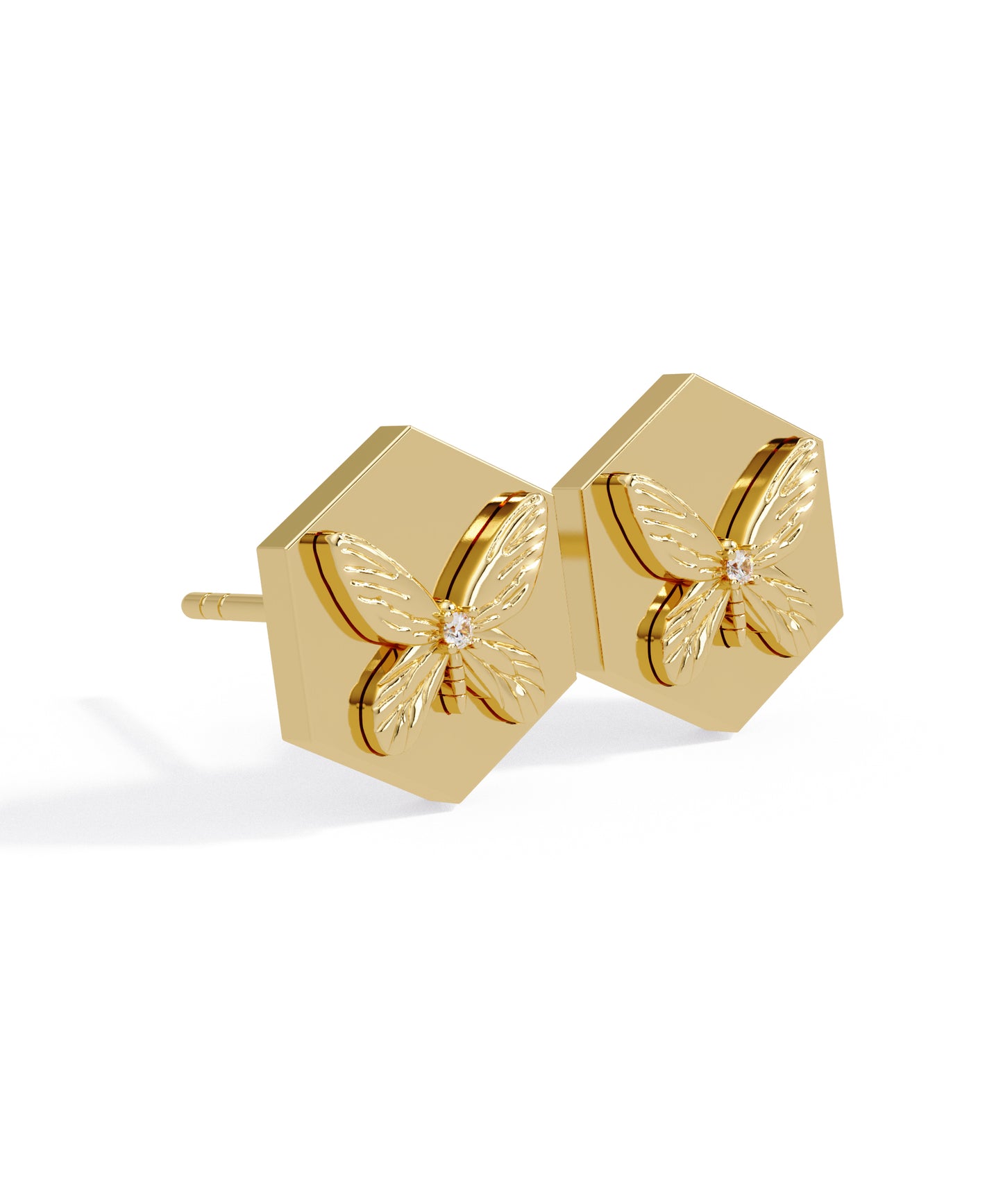 14k Yellow Gold Hexagon Butterfly Studs