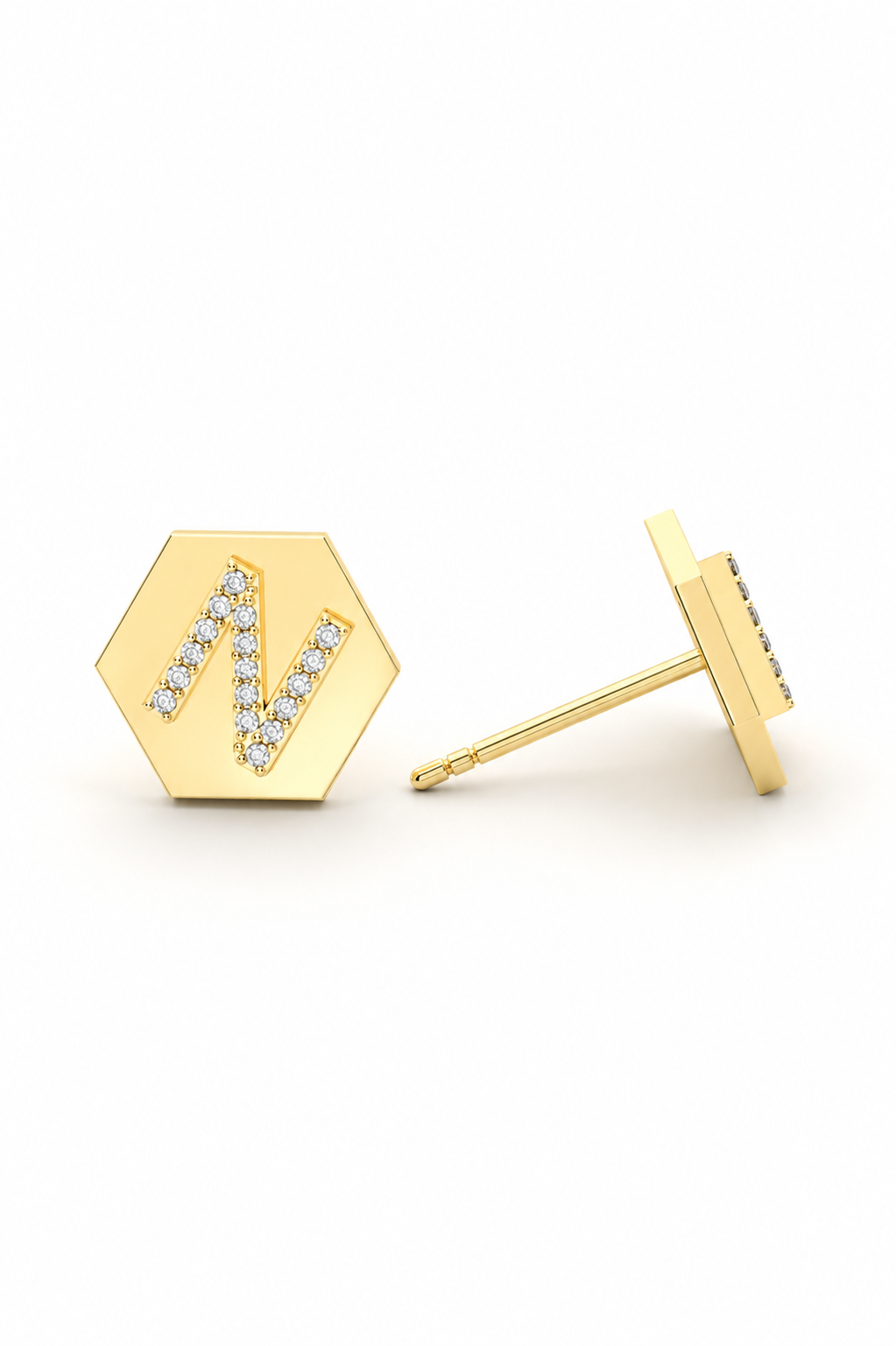 14k gold hexagon initial stud earrings