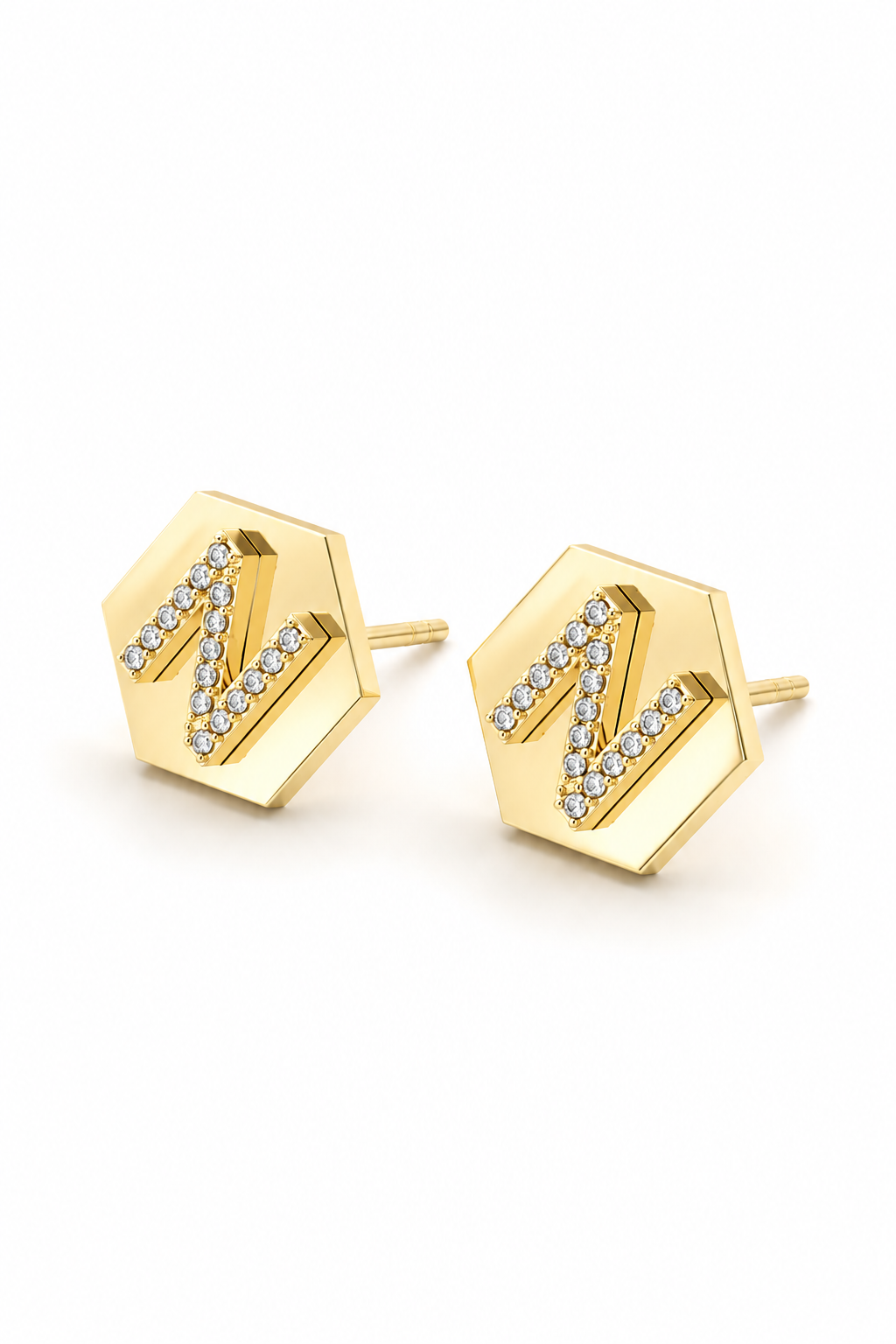 14k gold hexagon initial stud earrings