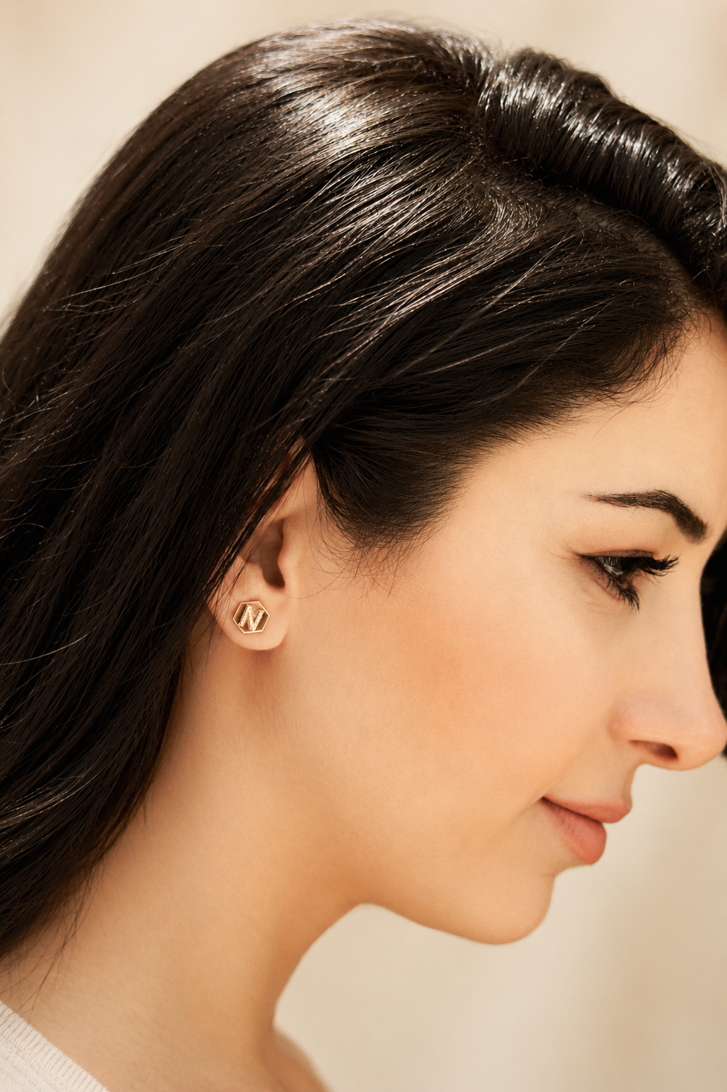 14k gold hexagon initial stud earrings