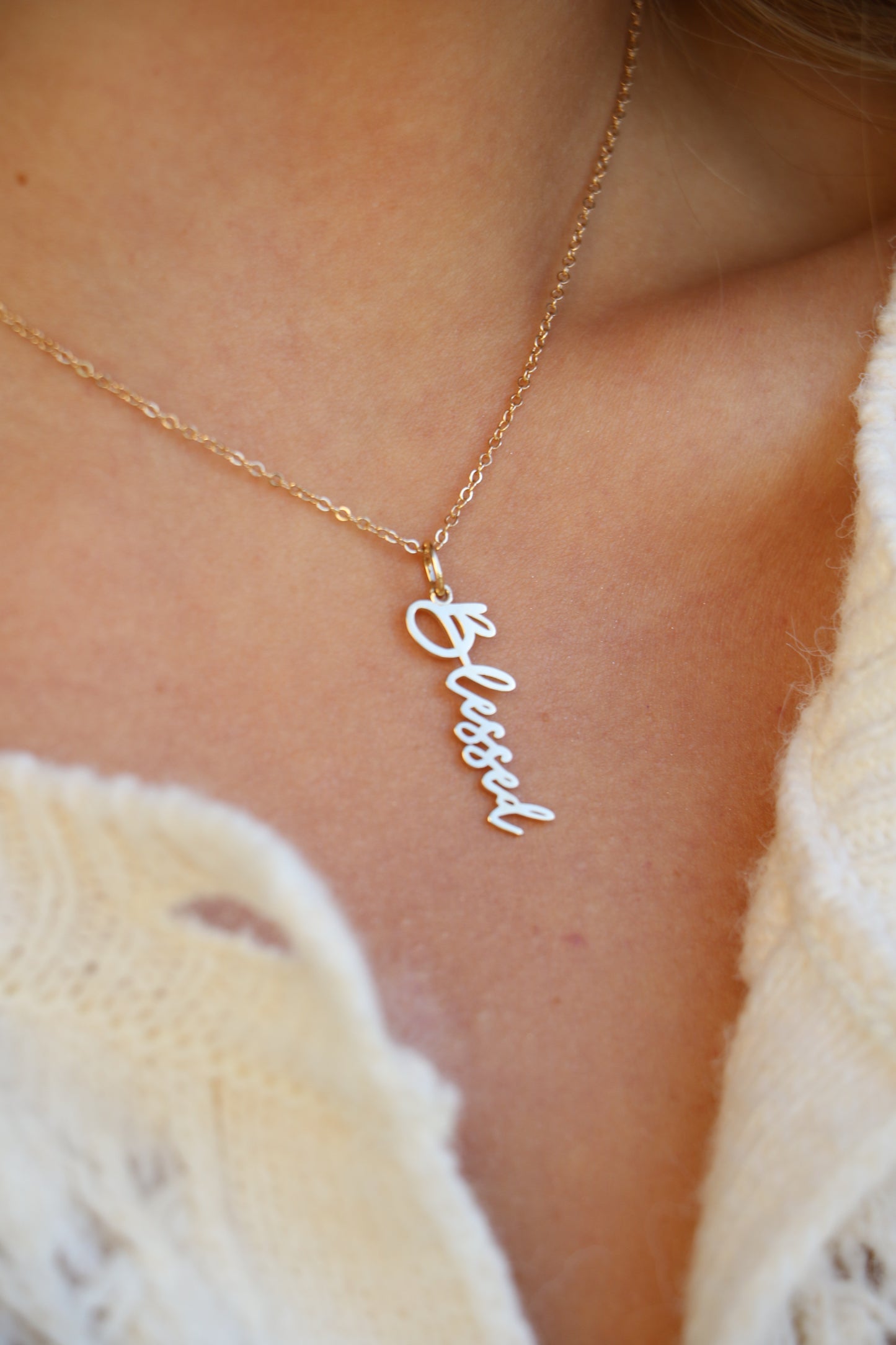 14k Yellow Gold Blessed Script Necklace