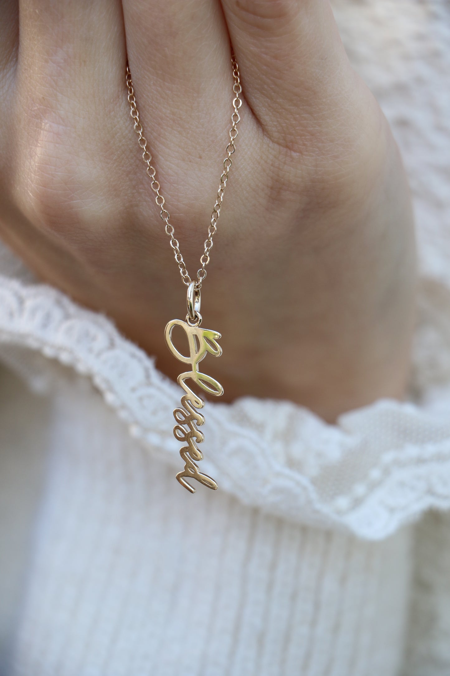 14k Yellow Gold Blessed Script Necklace