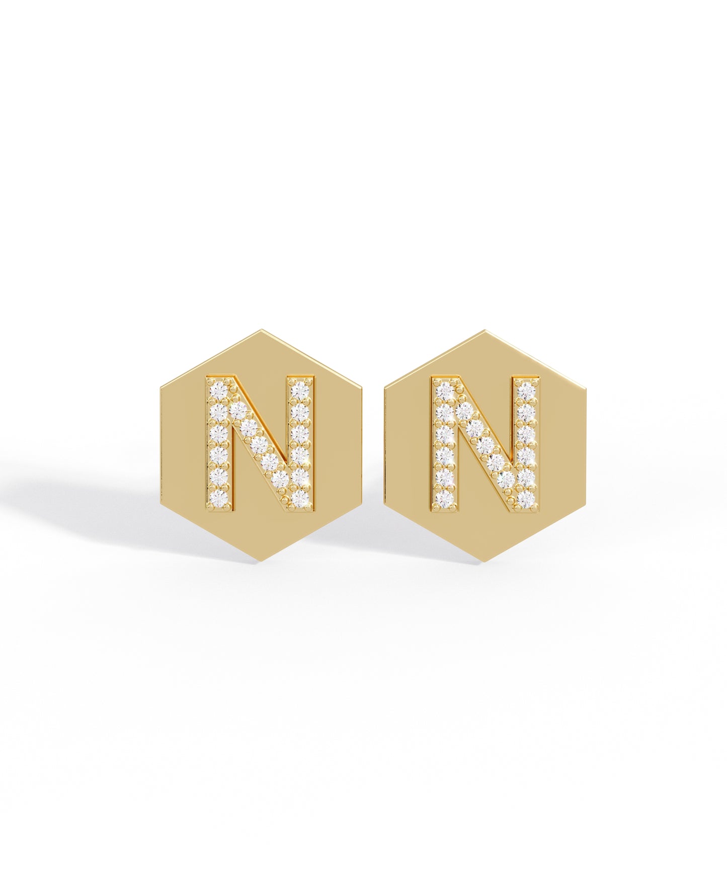14k gold hexagon initial stud earrings