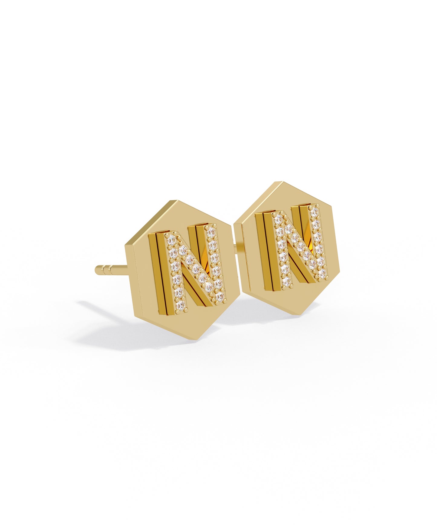 14k gold hexagon initial stud earrings